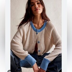 We the Free Lili linen Cardi Cream and blue size XL